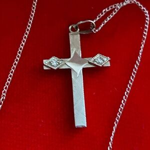 14K REAL White Gold Diamond Cross Necklace with Chain